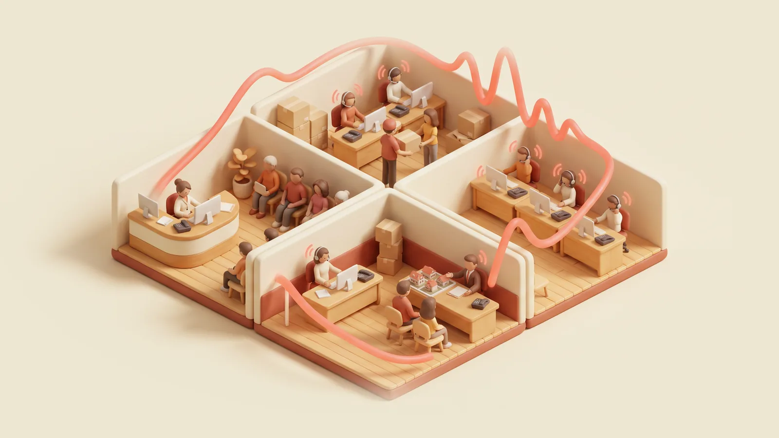 Four connected miniature rooms arranged as a square: a clinic reception, a commerce support desk, a property sales office and an outbound sales floor